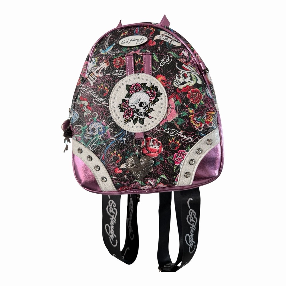Ed Hardy Pink Skull Rose Backpack Rhinestone Tattoo Y2K McBling NWT